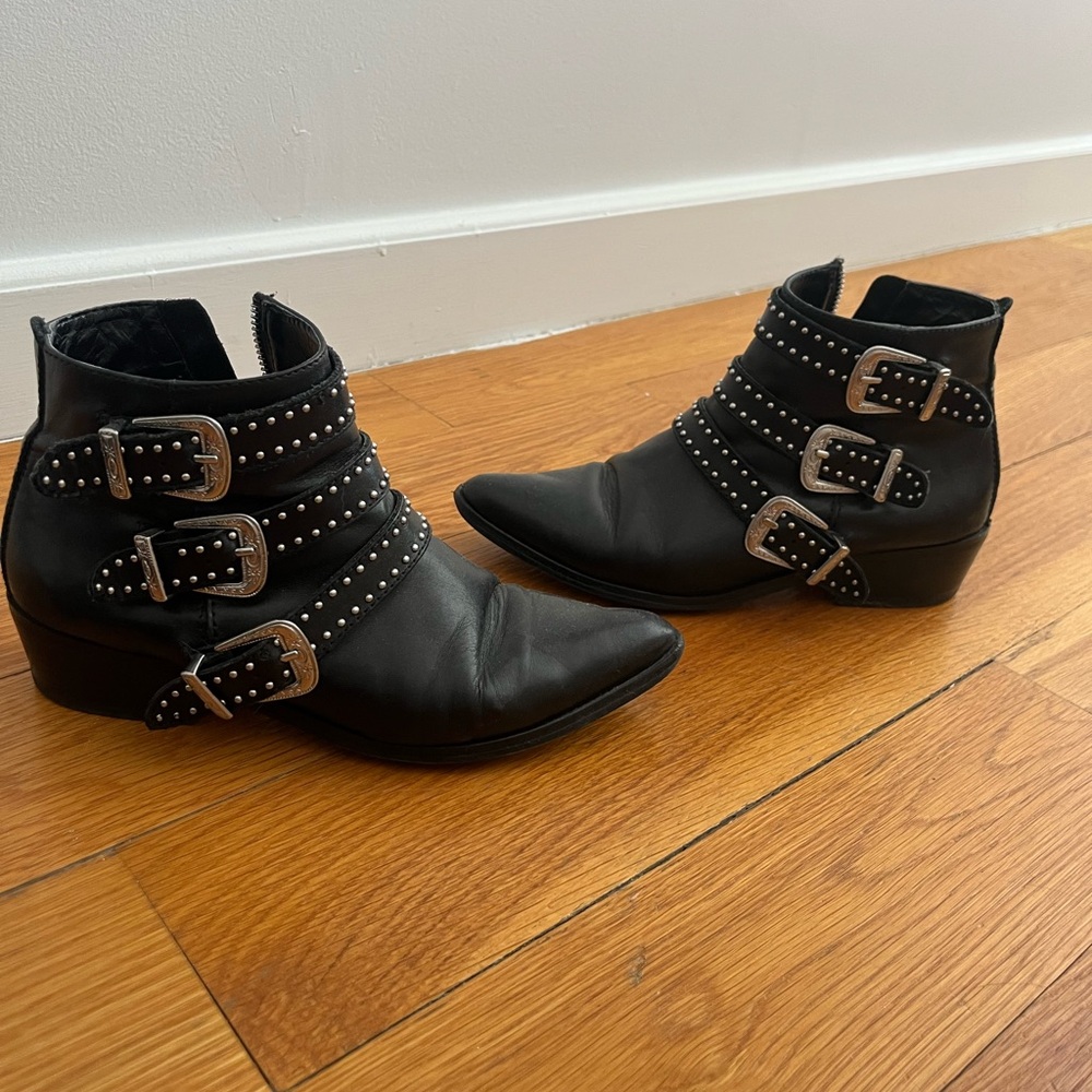 Aqua Blane Studded Buckle Leather Western Ankle Bootie